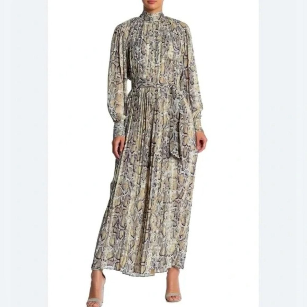 Gracia Long-Sleeve Pleated Maxi Dress - Snake Print - Large {NWOT}